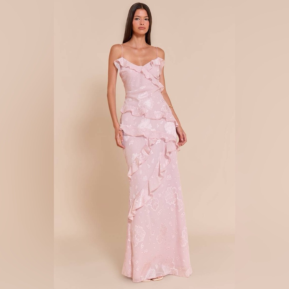 PrettyLittleThing Light Pink Floral Embroidered Frill Maxi Dress